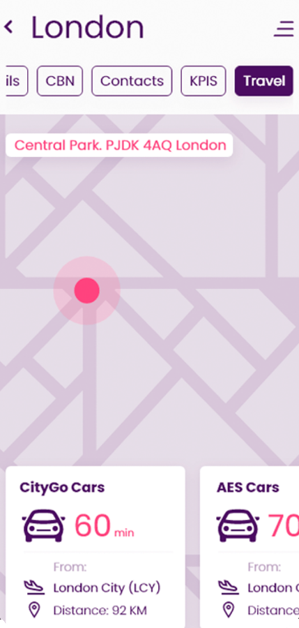 Travel map around the London factory with taxi options