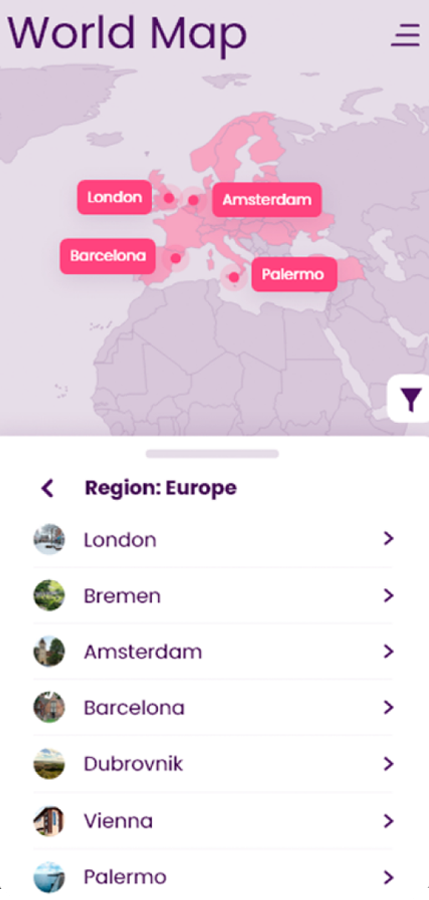 World map in the Make app with European factory sites and the region list for Europe