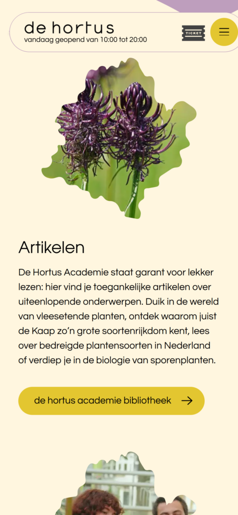 The Hortus Academy on mobile, with the Articles section and a button to the library