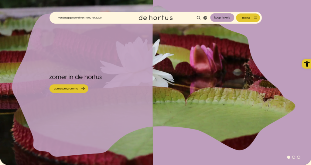 The Hortus homepage on desktop, with the summer-in-the-Hortus hero over a Victoria waterlily leaf