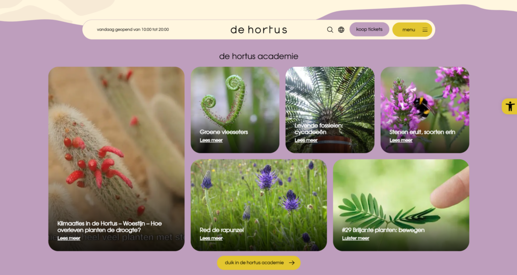 The Hortus Academy on desktop, with a grid of article cards about plants and climate