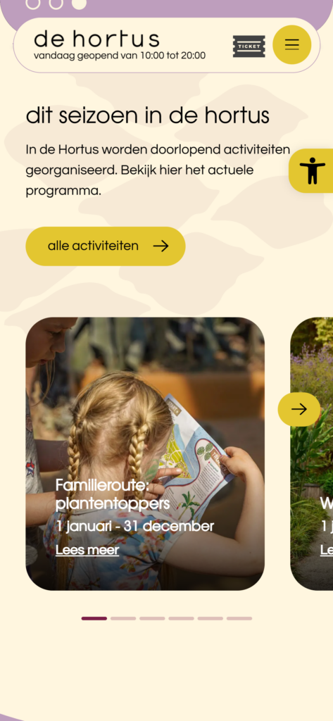 The Hortus homepage on mobile, with the this-season section and cards for activities