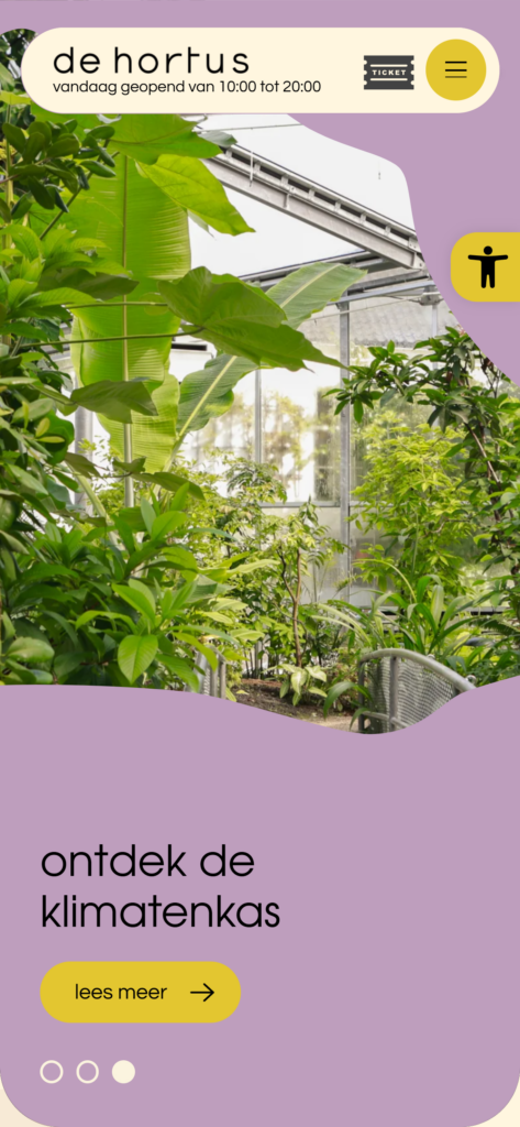 The Hortus homepage on mobile, with the discover-the-climate-greenhouse hero over a photo of the greenhouse
