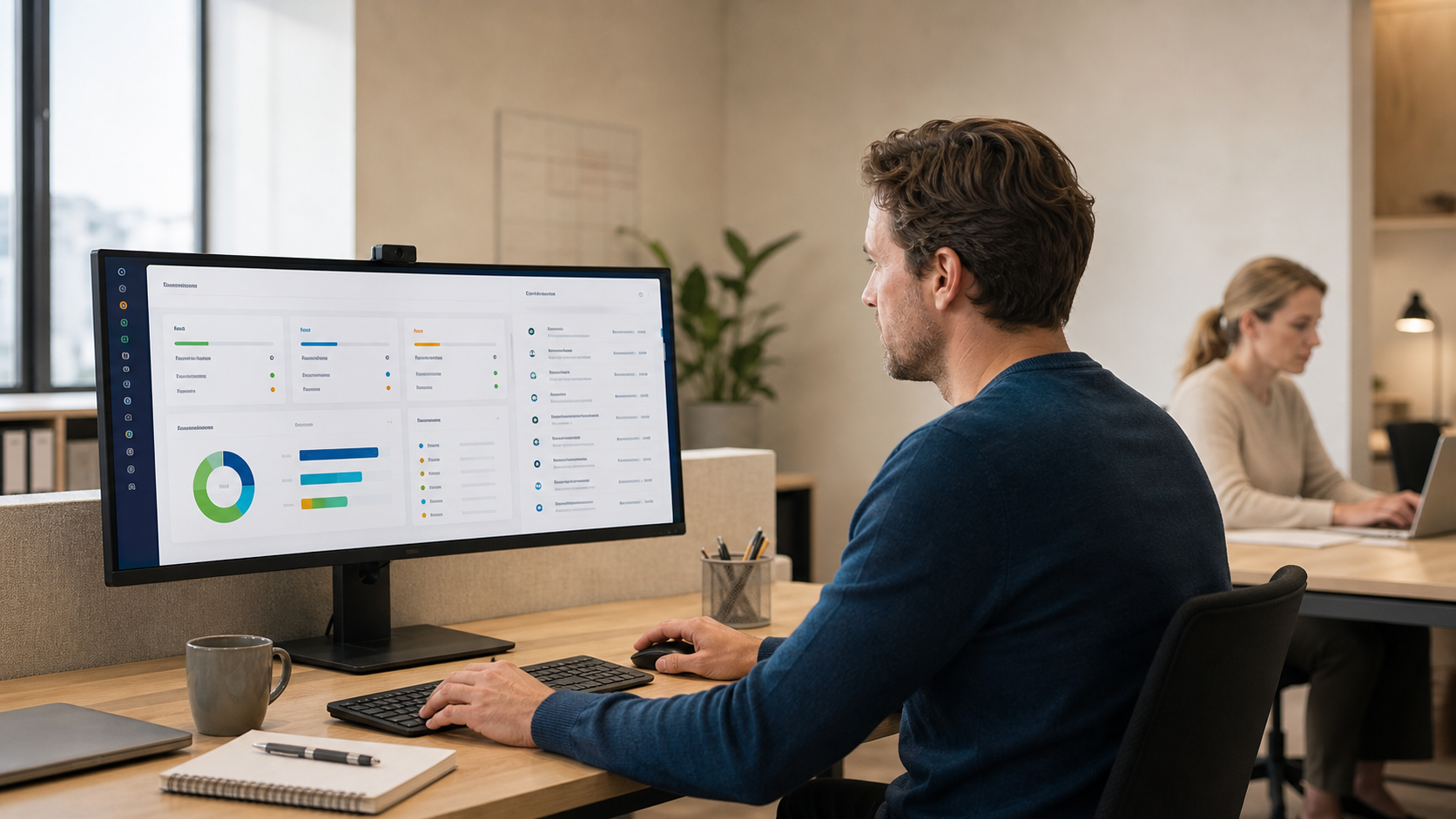 An employee at his desk looks at a planning dashboard with charts and a task list on a wide screen