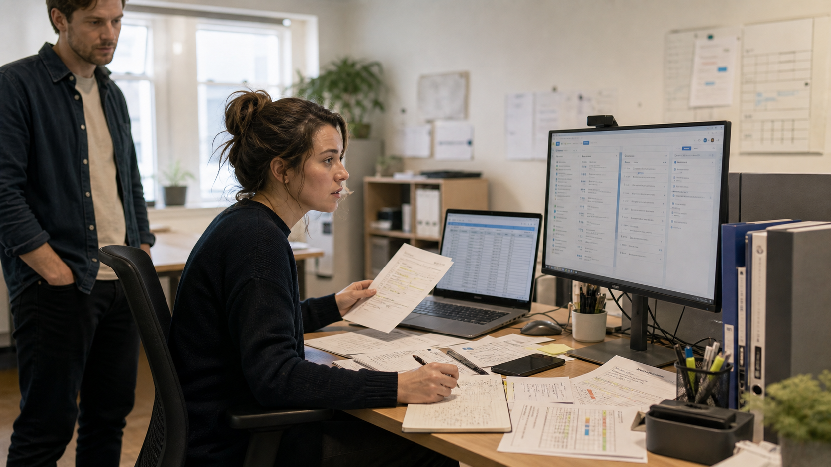 Three colleagues confer at a work table with papers, a laptop and a screen showing a planning overview
