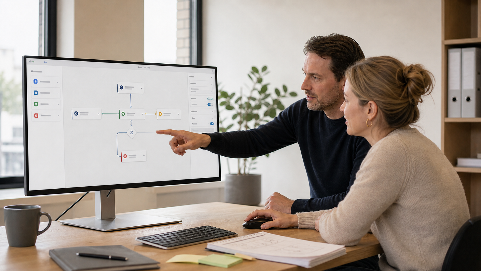 Two colleagues go through a workflow diagram together on a monitor, one of them pointing at a step