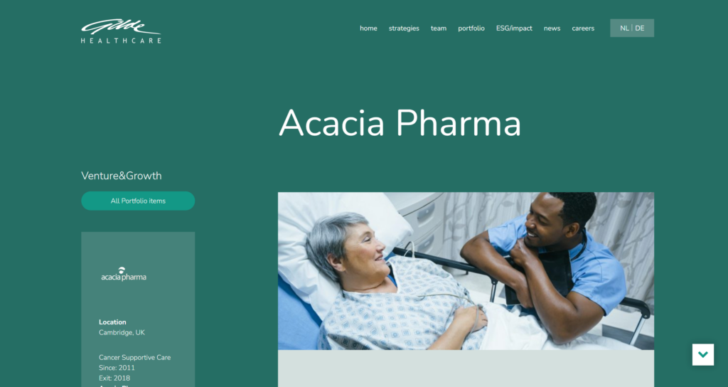 The Acacia Pharma portfolio page on the Gilde Healthcare site, on desktop
