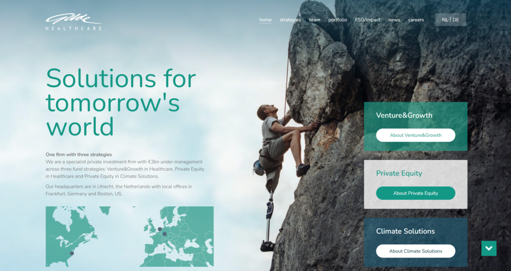 The Gilde Healthcare homepage on desktop, with the Solutions for tomorrow's world hero and the three fund strategies