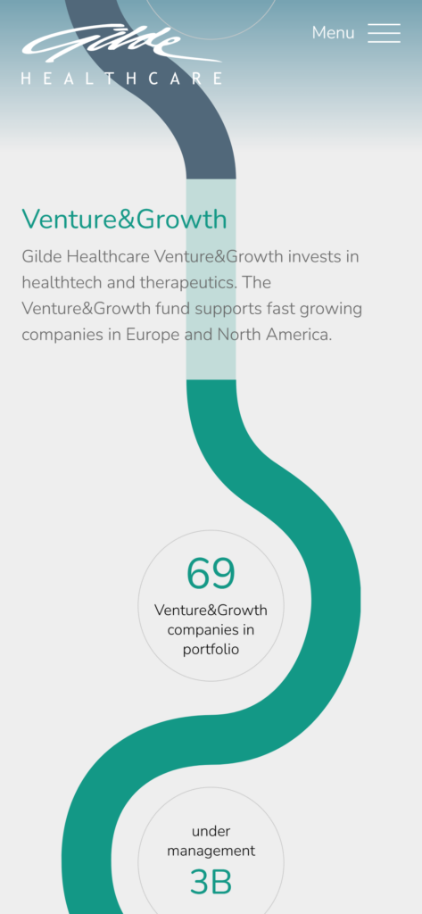 The Gilde Healthcare homepage on mobile, with the Venture and Growth section and the fund's key figures