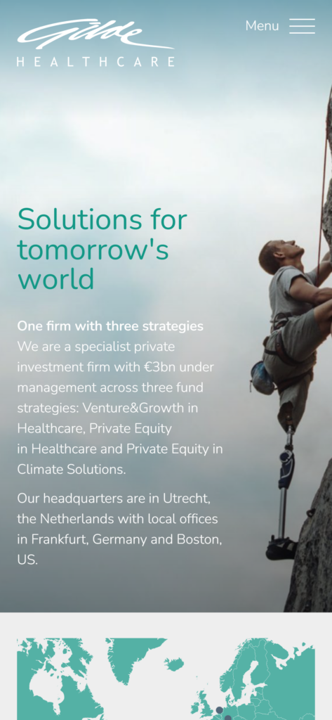 The Gilde Healthcare homepage on mobile, with the Solutions for tomorrow's world hero