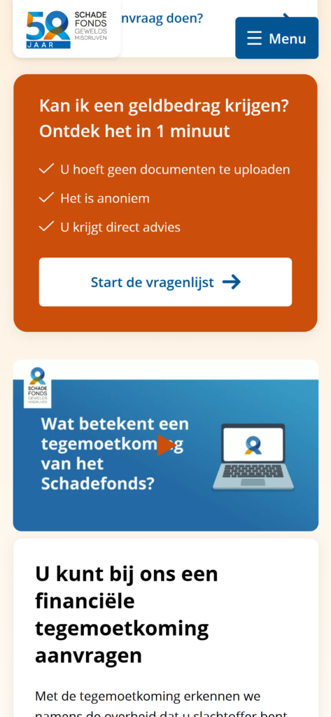 The Schadefonds homepage on mobile, with the can-I-get-a-payment block and the start-the-questionnaire button