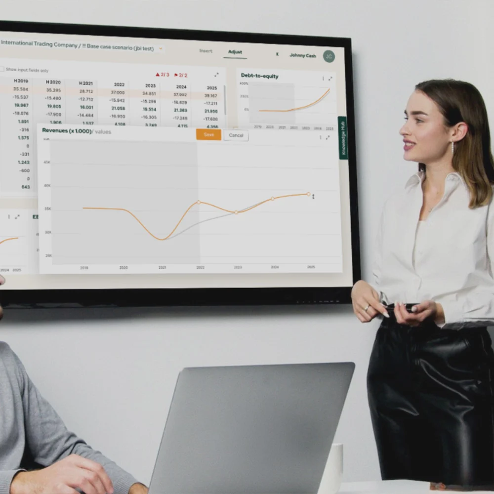 A revenue forecast from Metics on a large screen during a meeting