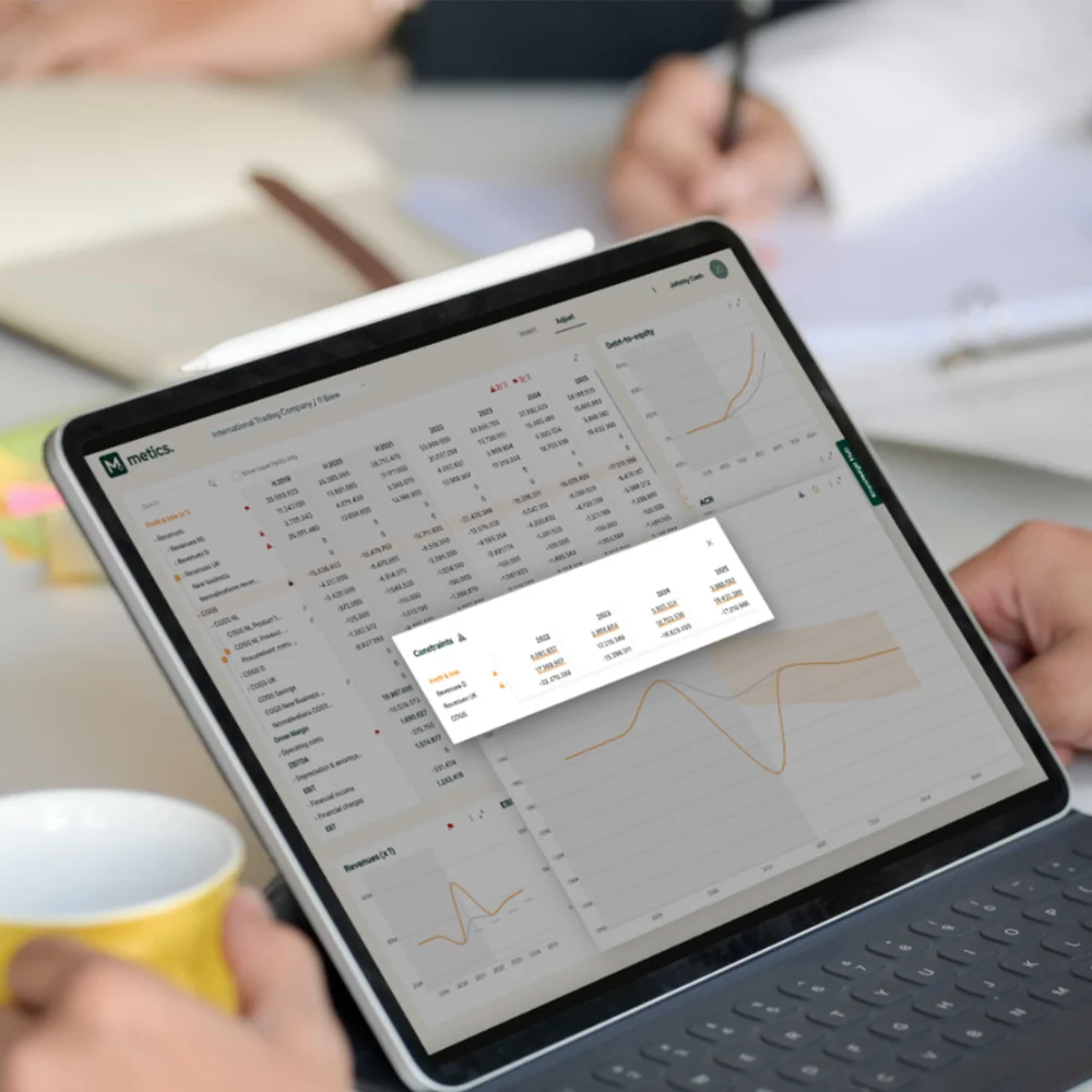 Metics on a tablet: the financial model with revenue and solvency charts