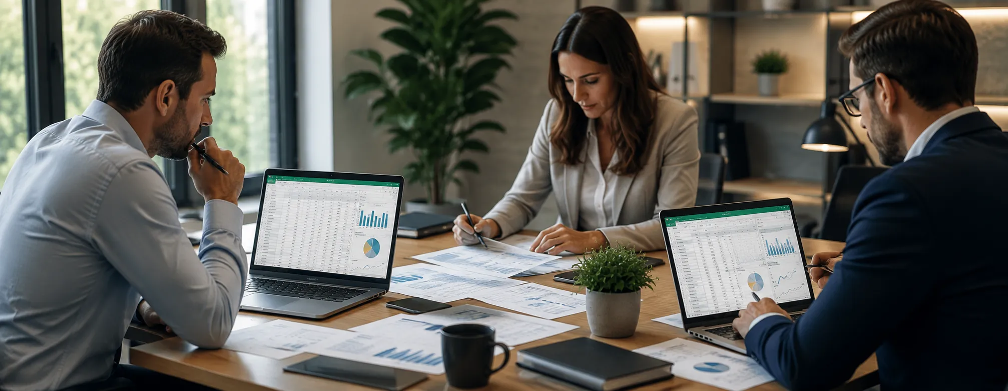 Three colleagues discussing figures at a table covered in spreadsheets and printouts