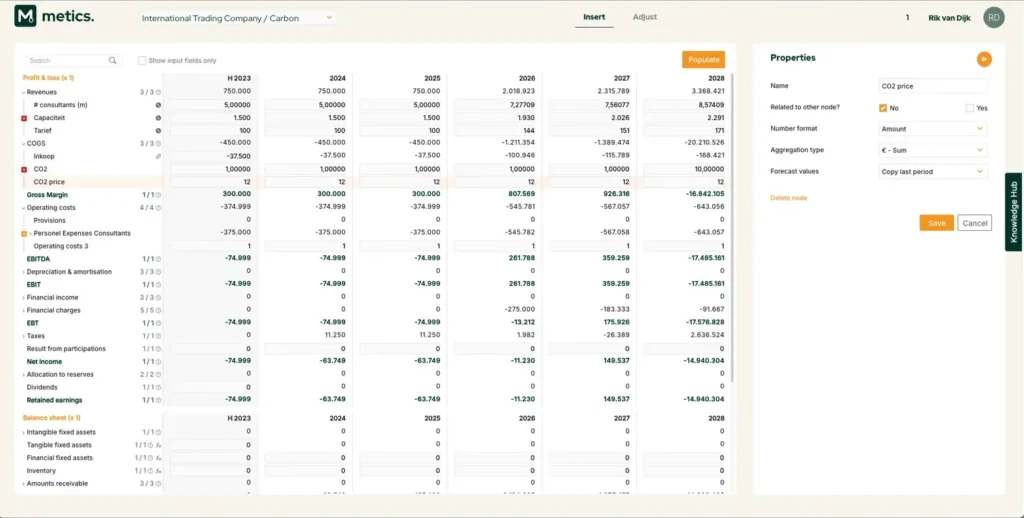 The input model in Metics: profit and loss account and balance sheet, calculated across several years