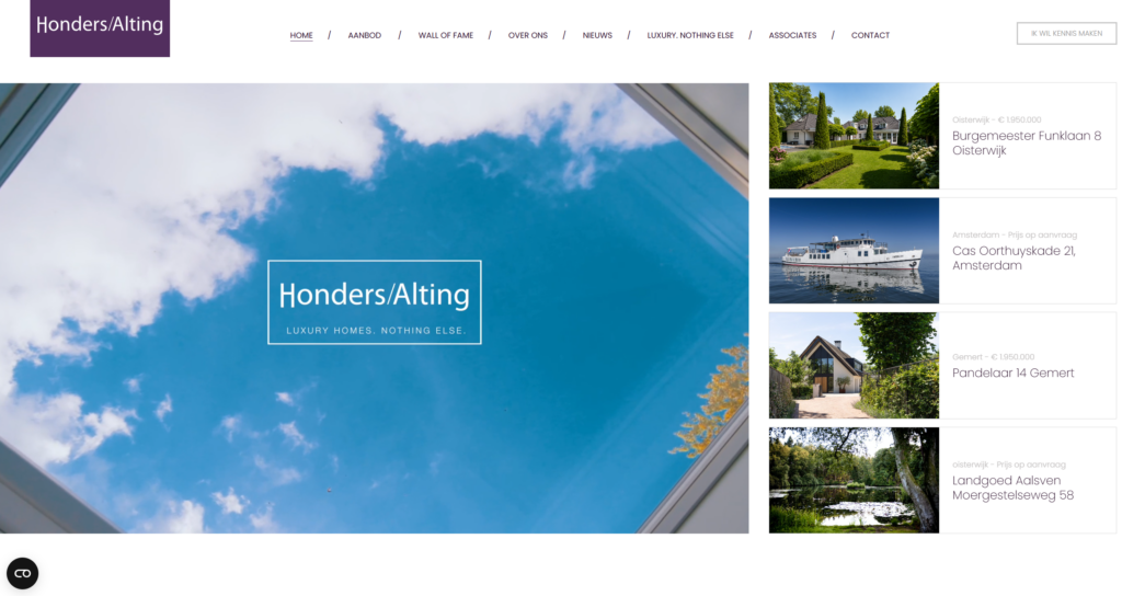The Honders/Alting homepage on desktop, with the logo over a reflection of the sky and a list of properties