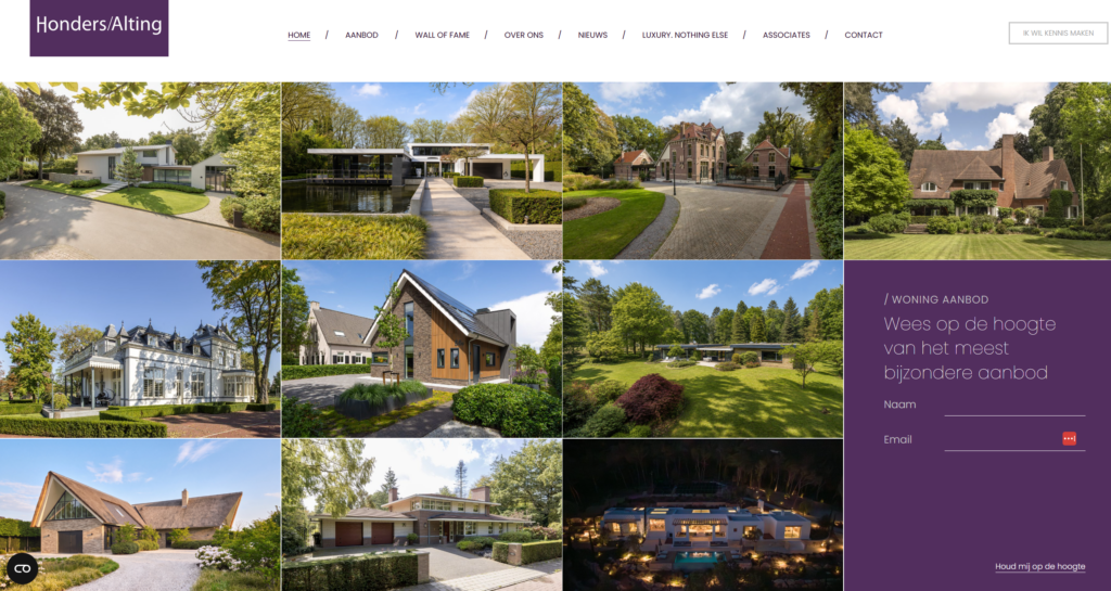The Honders/Alting homepage on desktop, with a grid of property photos and the sign-up block for new listings