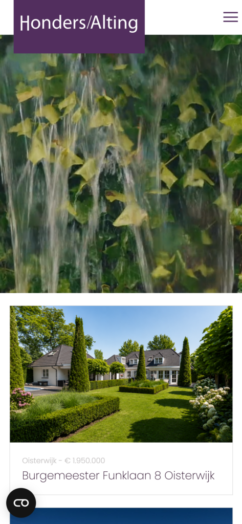 The Honders/Alting homepage on mobile, with a featured property and its details below it