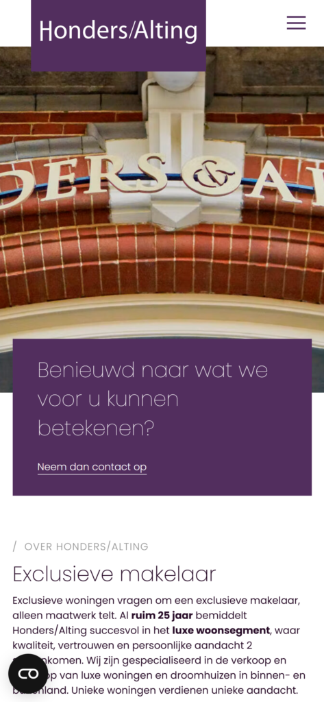 The Honders/Alting about page on mobile, with the text about the exclusive estate agency