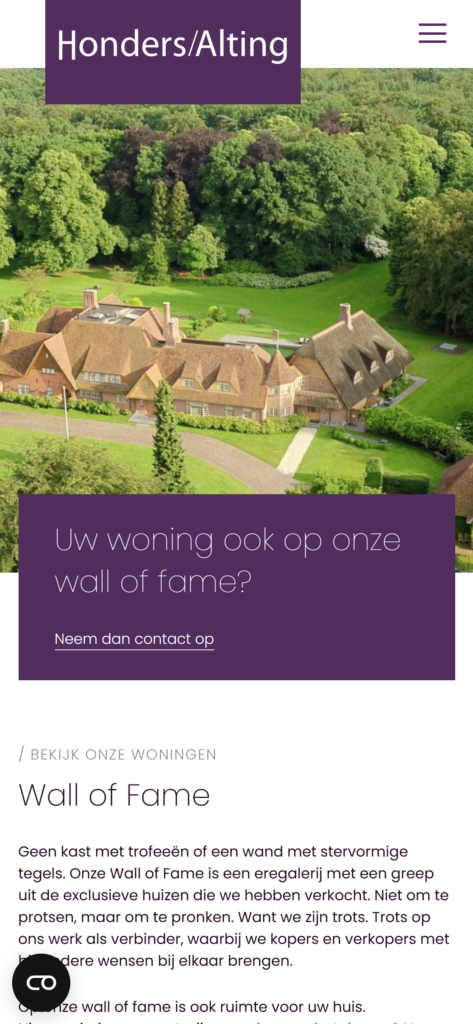 The Honders/Alting Wall of Fame page on mobile, with an aerial photo of a sold villa
