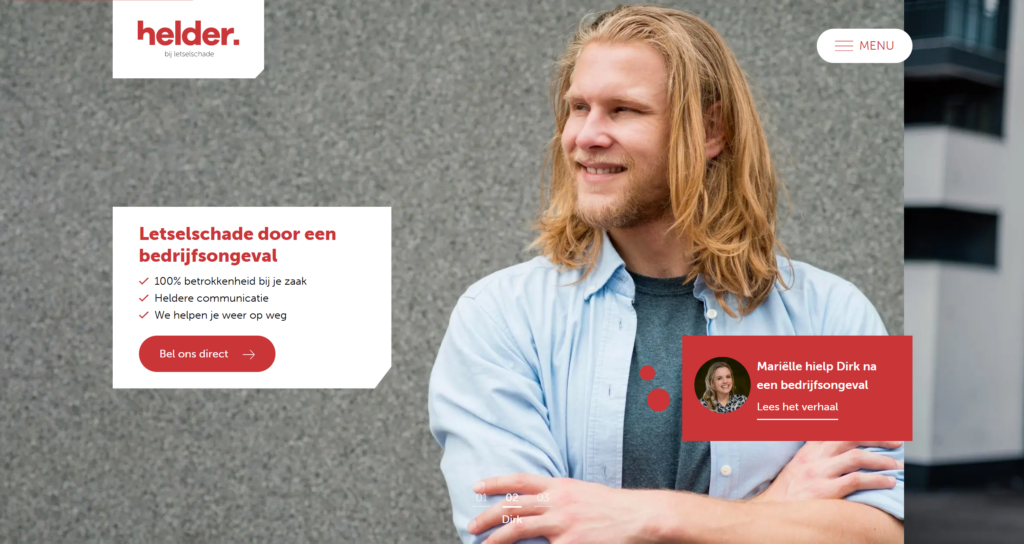 The Helder homepage on desktop, with a story about personal injury from a workplace accident