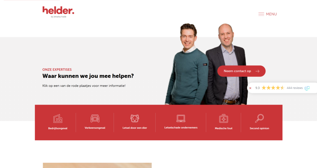 The Helder homepage on desktop, with the how-can-we-help question and the six types of personal injury below it