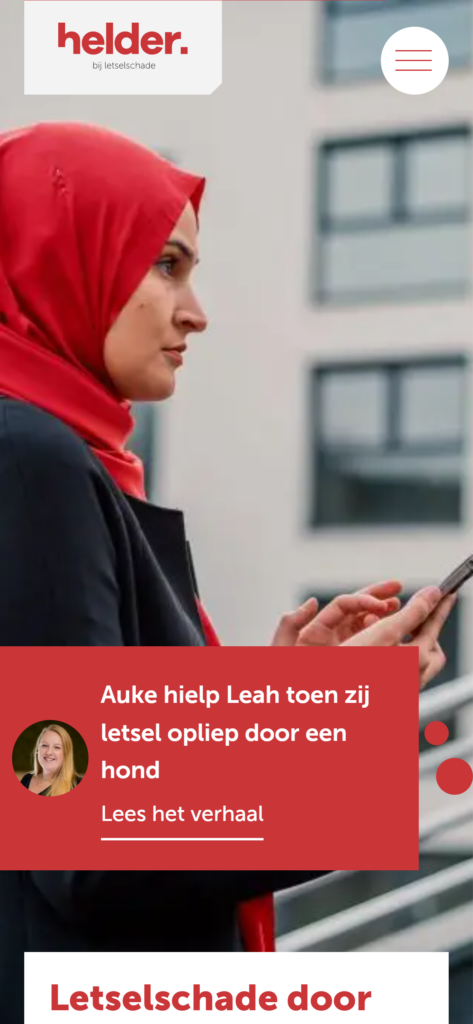 The Helder homepage on mobile, with the story of a client who was injured by a dog