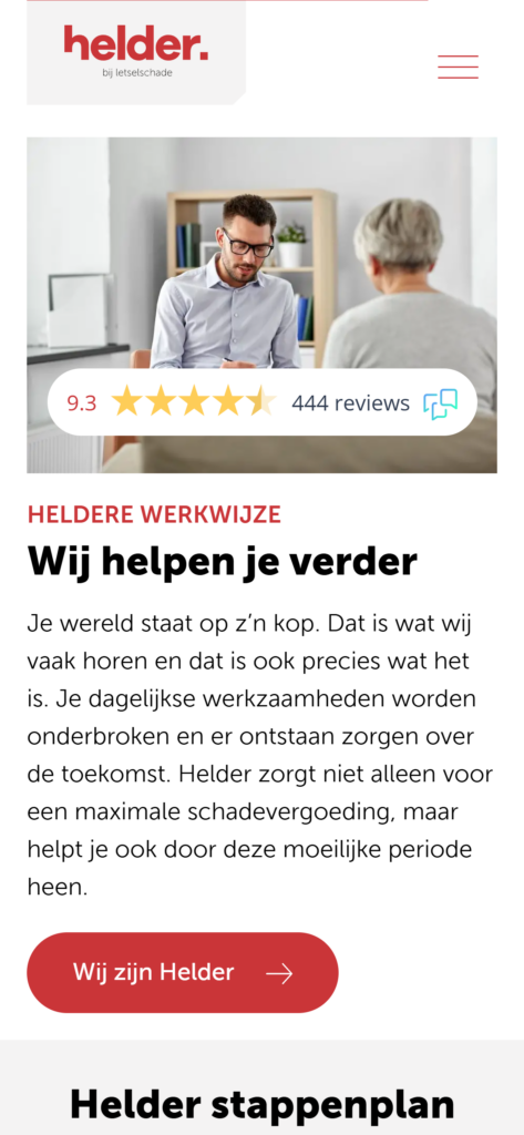 The Helder approach page on mobile, with the we-help-you-further intro and the client rating