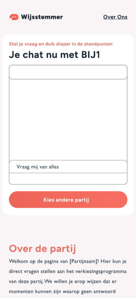 The Wijsstemmer chat screen on mobile, where you put a question to a party's election manifesto