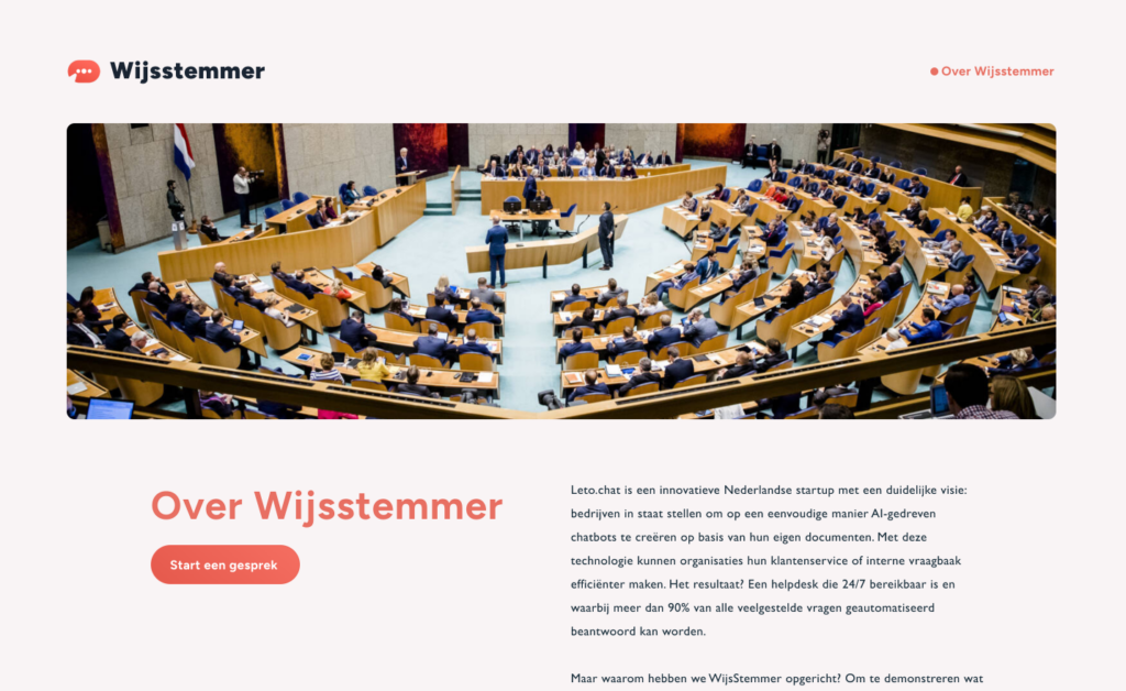 The About Wijsstemmer page on desktop, with a photo of the plenary chamber of the Dutch House of Representatives