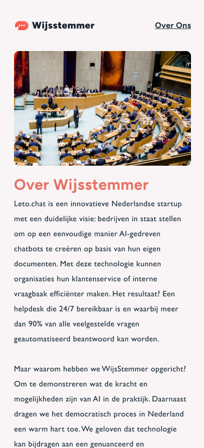 The About Wijsstemmer page on mobile, with a photo of the plenary chamber of the Dutch House of Representatives