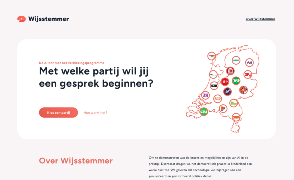 The Wijsstemmer start page on desktop, asking which party you want to start a conversation with, with the party logos on a map of the Netherlands