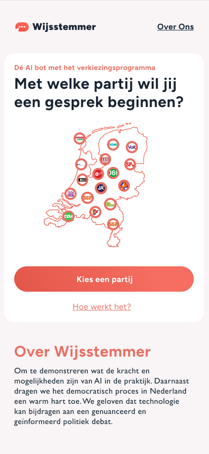 The Wijsstemmer start page on mobile, with the party logos on a map of the Netherlands