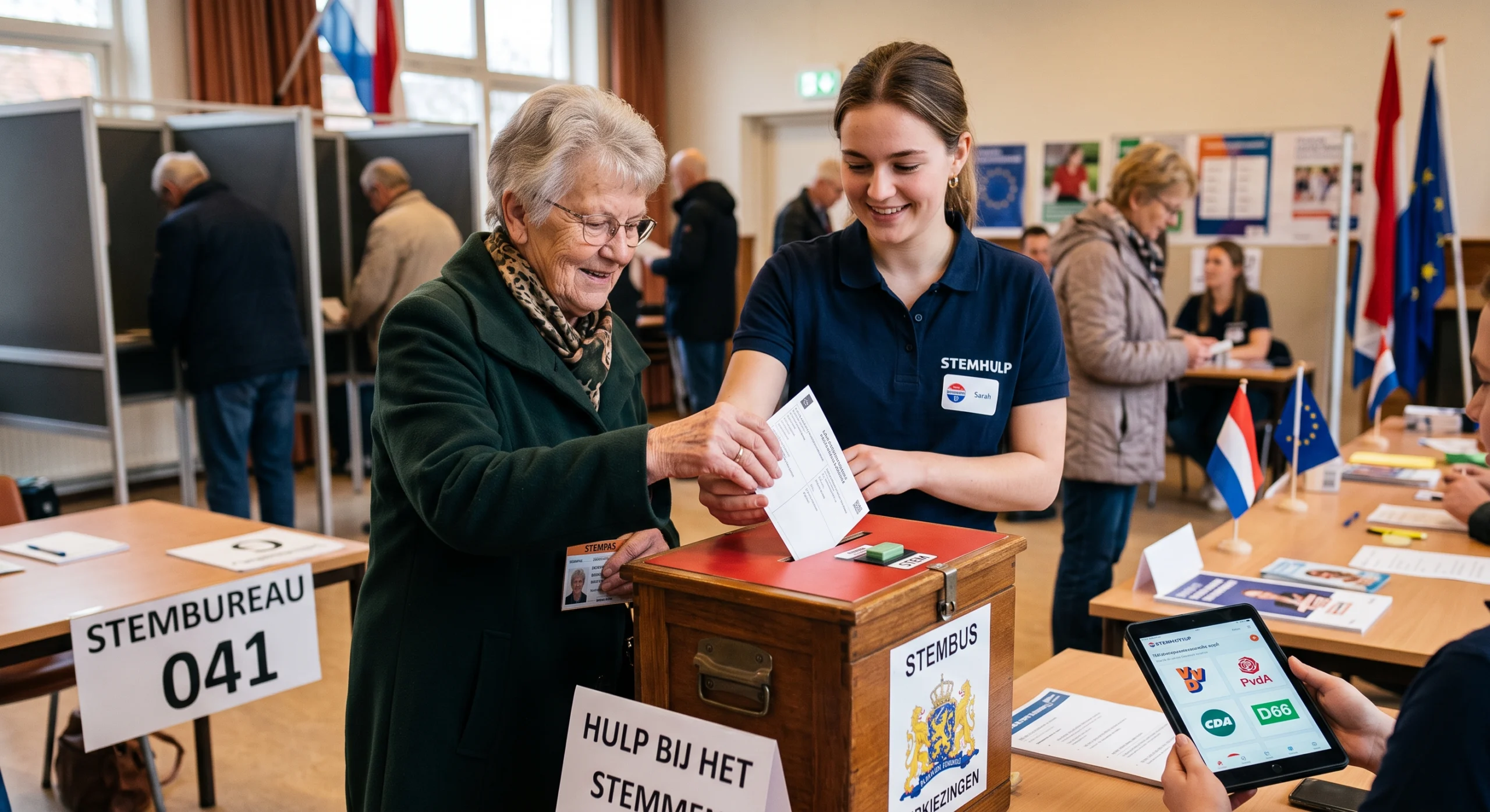A voter casts her ballot at a polling station, helped by a volunteer