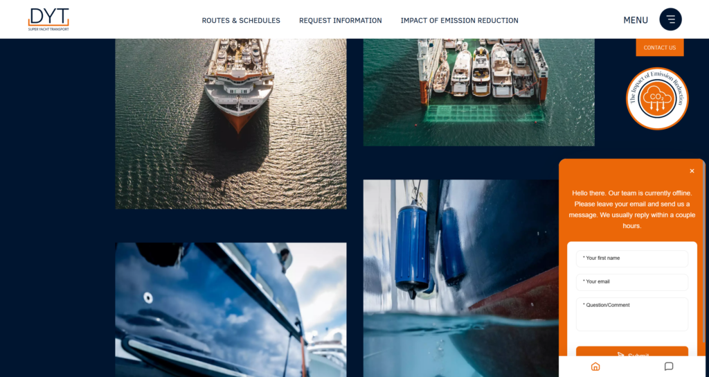 The DYT Yacht Transport homepage on desktop, with a grid of vessel images and the chat open