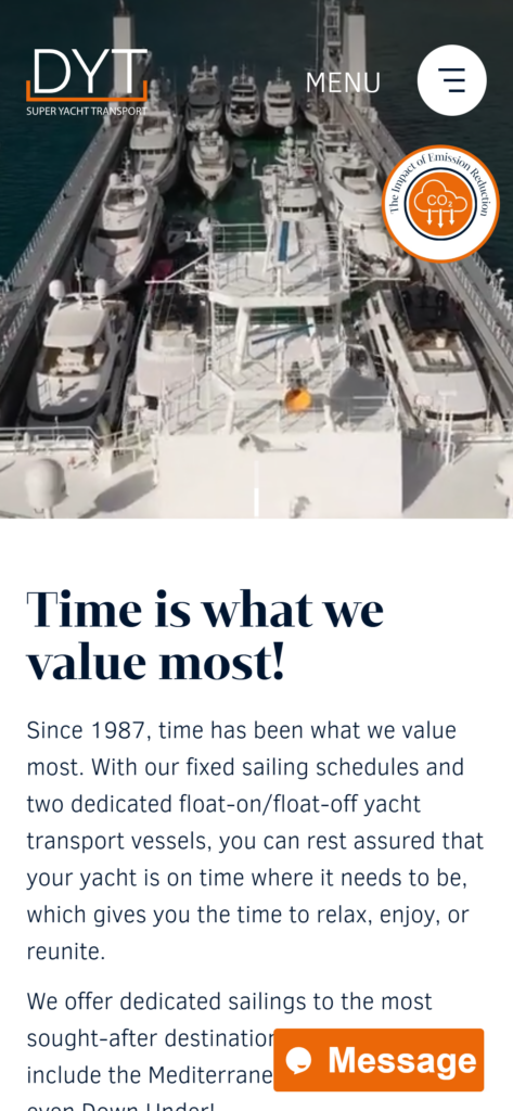 The DYT Yacht Transport homepage on mobile, with the Time is what we value most section