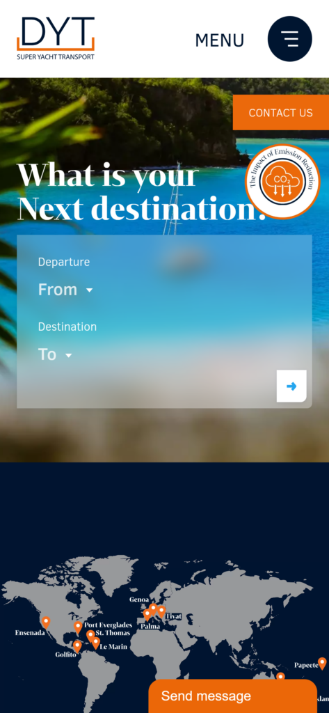 The DYT Yacht Transport homepage on mobile, with the departure and destination pickers and the world map of routes