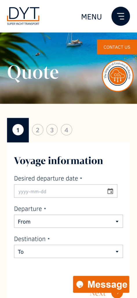 The DYT Yacht Transport quote form on mobile, at the first step with the voyage details