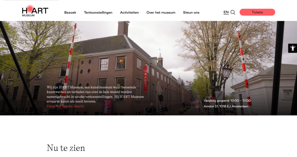 The H'ART Museum homepage on desktop, with a photo of the building and the On view section