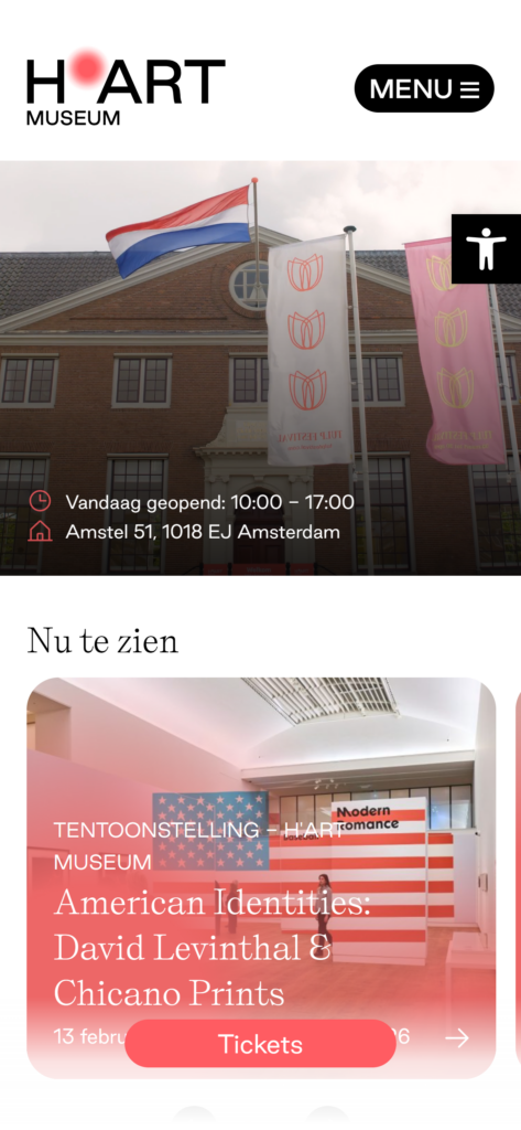 The H'ART Museum homepage on mobile, with the opening hours and a card for the exhibition currently on view