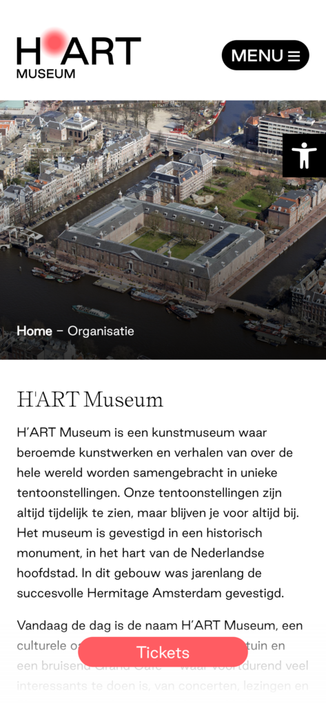 The H'ART Museum organisation page on mobile, with an aerial photo of the building