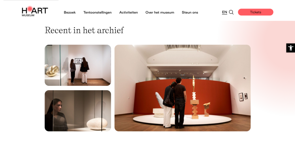 The H'ART Museum exhibitions page on desktop, with images from the archive