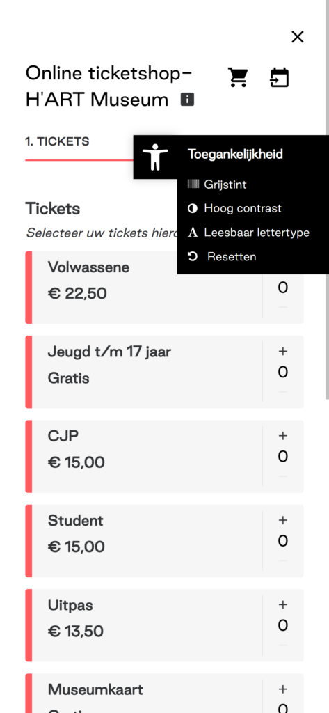 The H'ART Museum ticket shop on mobile, with the price tiers and the accessibility menu open