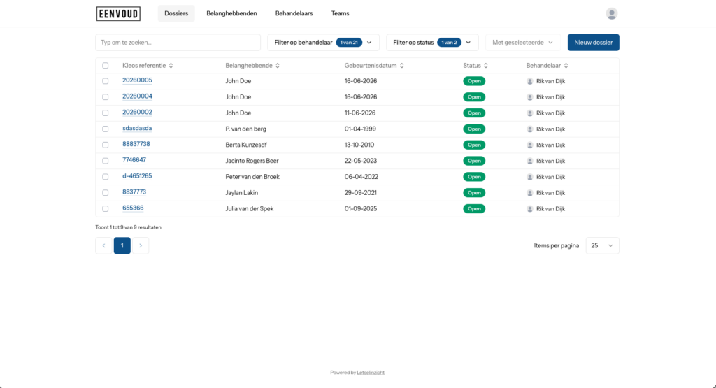 The case overview in Letselinzicht, with the reference, the claimant, the date and the status on each row
