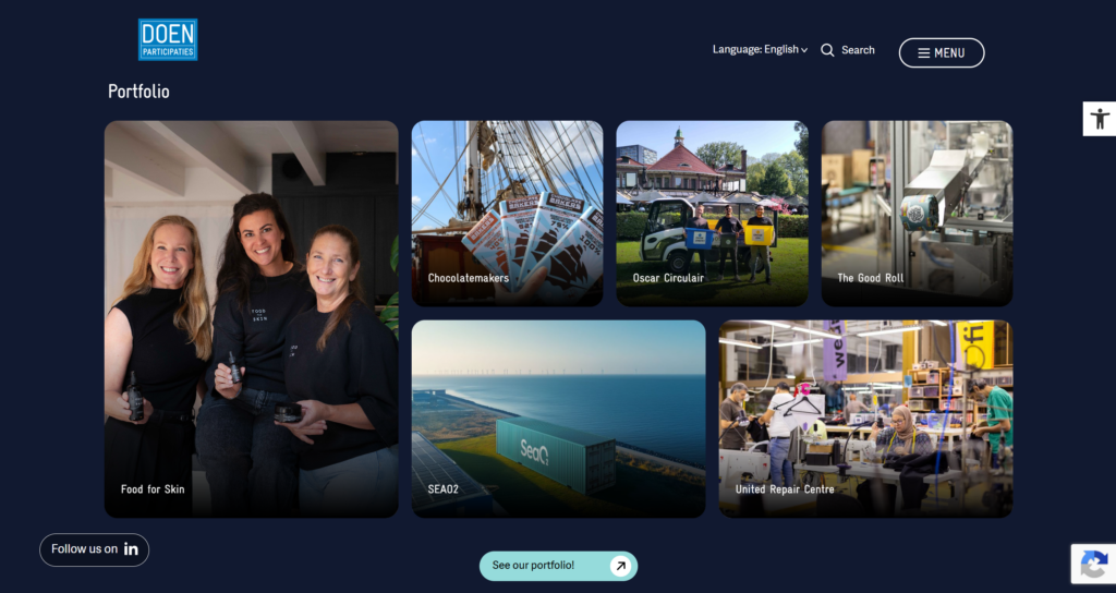 The DOEN Ventures portfolio on desktop, with a grid of participations