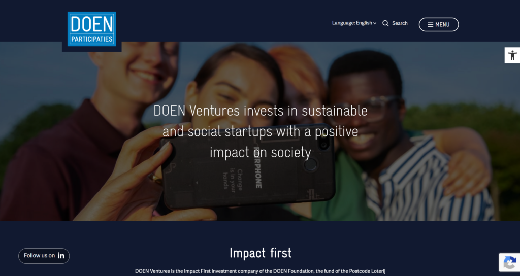 The DOEN Ventures homepage on desktop, with the hero about investing in sustainable and social startups