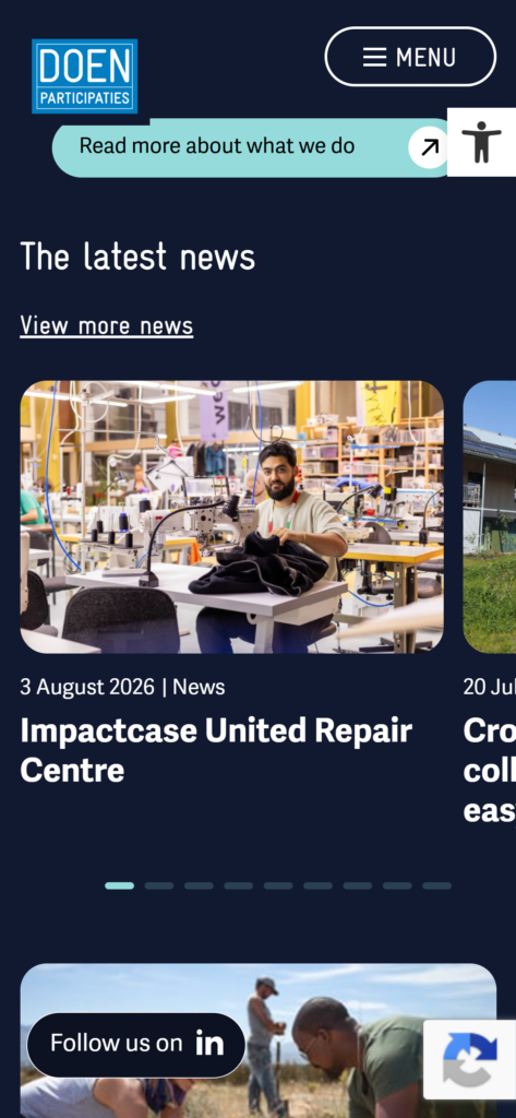 The DOEN Participaties homepage on mobile, with the latest-news carousel