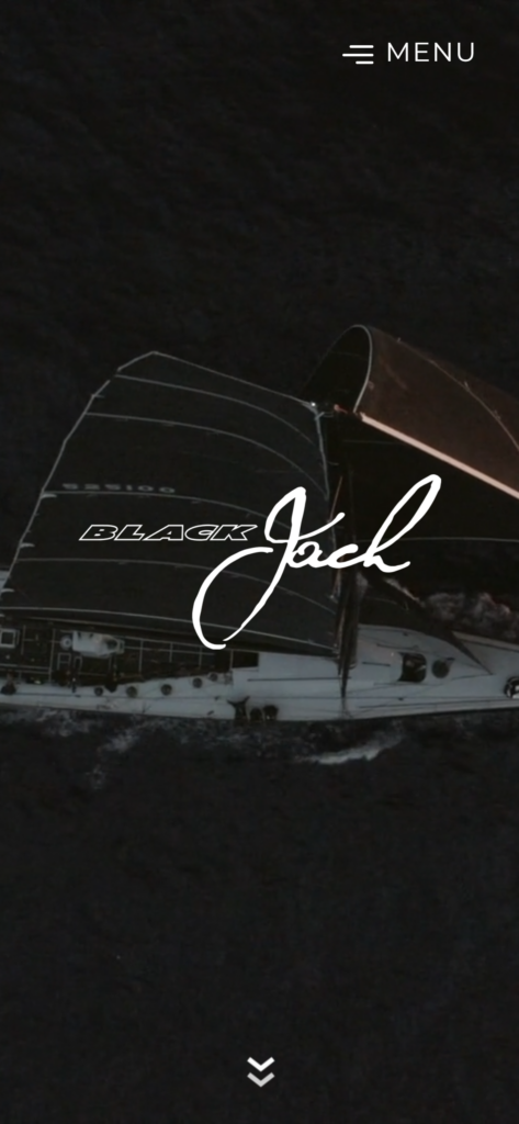 The Black Jack homepage on mobile, with a dark image of the yacht seen from above