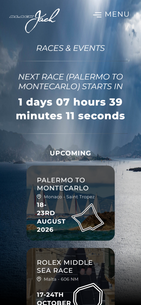 The Black Jack Races and Events page on mobile, with the countdown to the next race and the upcoming races