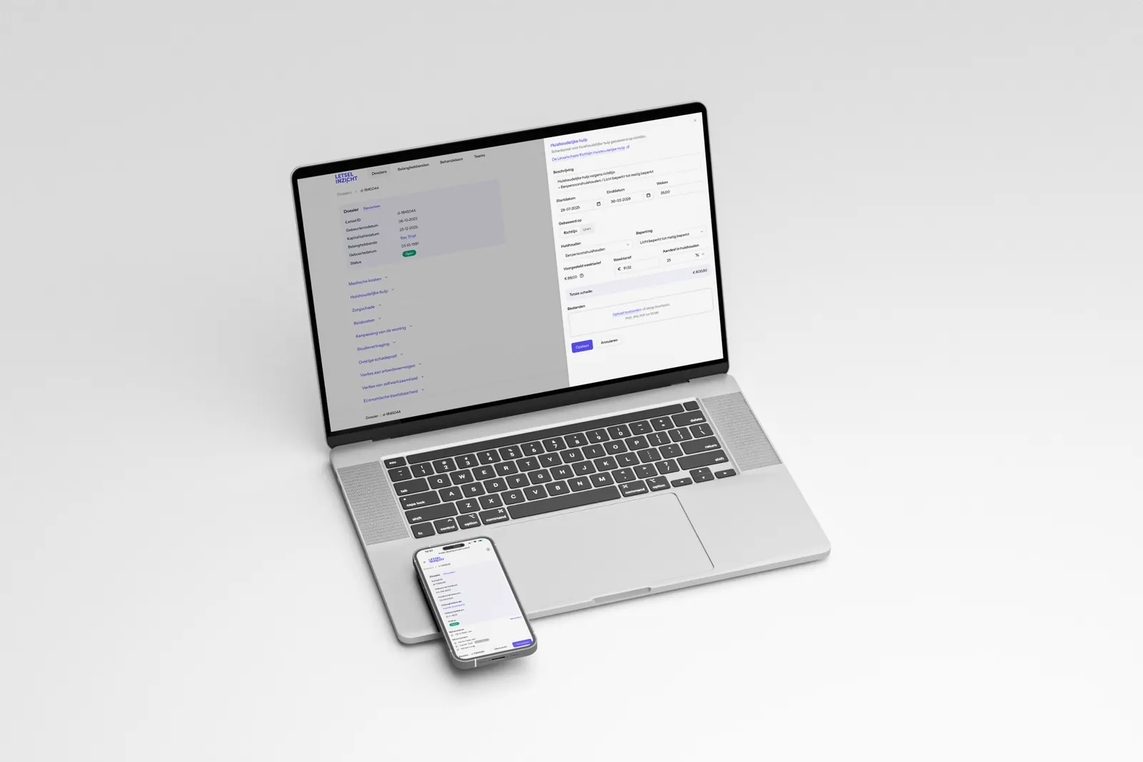 Letselinzicht on a laptop and a phone: heads of damage per file, calculated according to the guideline